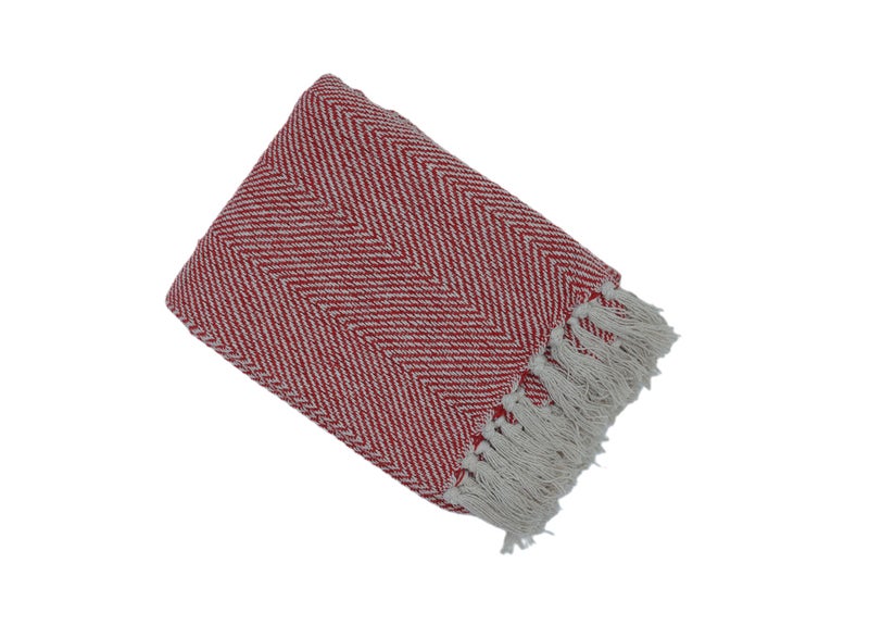 Ambrosia 130 x 160 cm Cotton Herringbone Throw Blanket in Red for Couch, 400GSM Soft Decorative Tassel Fringe Sofa Cover and Boho Bed Runner - Image 1